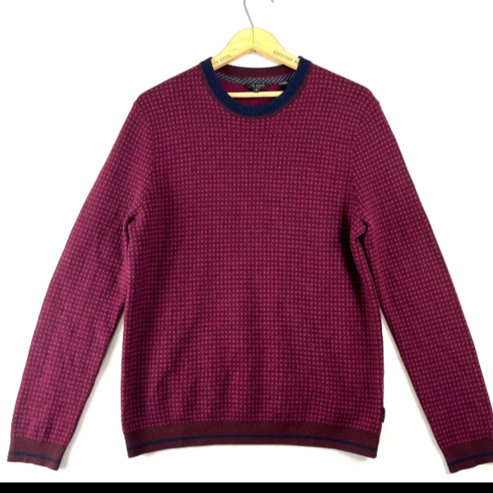 TED BAKER Merino Wool Sweater Mens 1 Parvine Burgundy Herringbone Crew Pullover